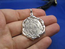 Load image into Gallery viewer, Sterling Silver Dolphin Wrapped Bezel with Reproduction "2 Reale" Shipwreck Coin