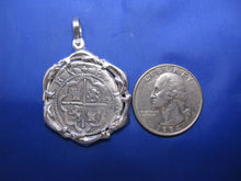 Load image into Gallery viewer, Sterling Silver Dolphin Wrapped Bezel with Reproduction "2 Reale" Shipwreck Coin