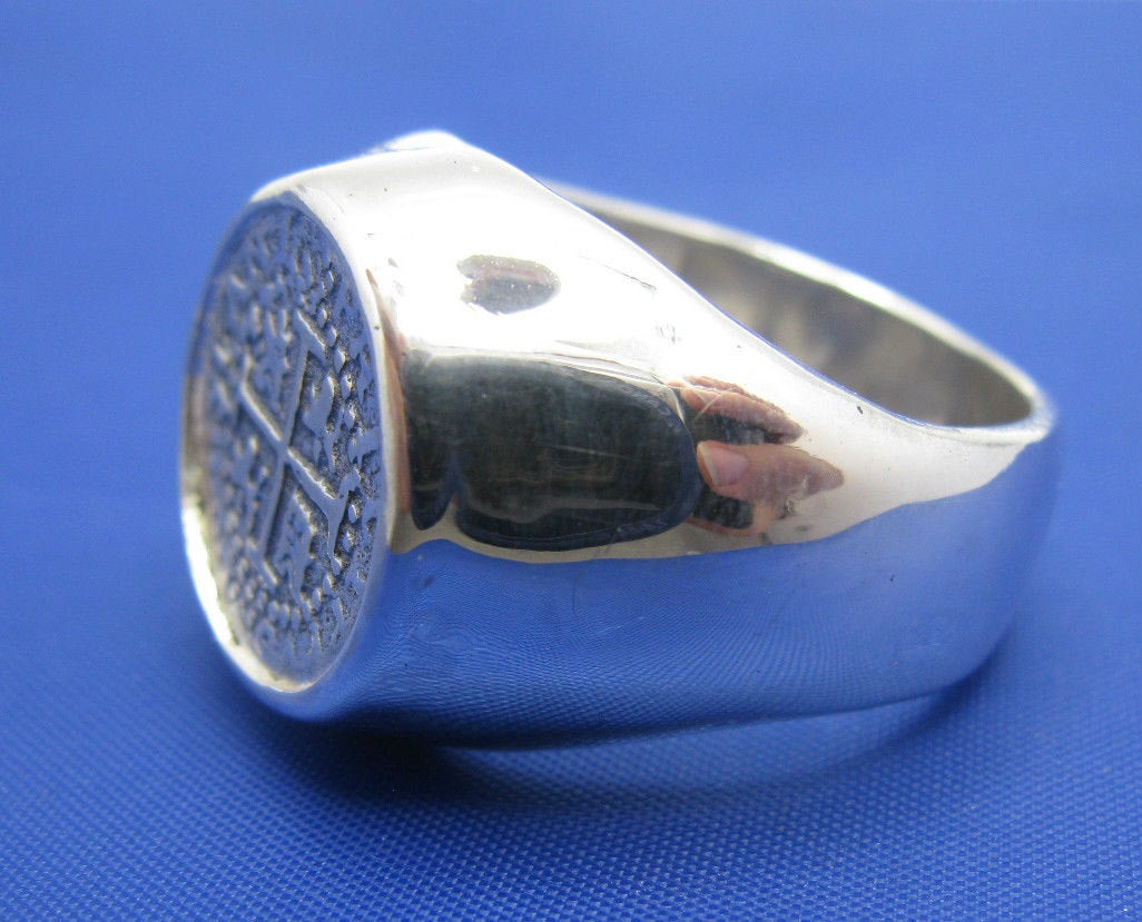 Wide High Polish Bezel Set Sterling Silver Men s Atocha Replica Shipwreck Coin Ring