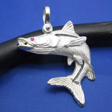 Load image into Gallery viewer, Sterling Silver Curved Snook Pendant with Genuine Ruby Gemstone Eye and Shackle Bail