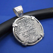 Load image into Gallery viewer, Sterling Silver Hand Bezeled "4 Reale" Pirate Reproduction Coin Pendant with Stationary Bail 1.5" x 1.1"