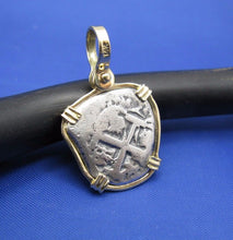 Load image into Gallery viewer, Small &quot;1 Reale&quot; Pirate Coin Reproduction Cobb Pendant with Custom Yellow Gold 14k Bezel by Crisol Jewelry (Atocha Shipwreck Replica)
