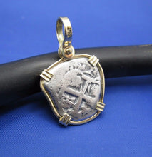 Load image into Gallery viewer, Small "1 Reale" Pirate Coin Reproduction Cobb Pendant with Custom Yellow Gold 14k Bezel by Crisol Jewelry (Atocha Shipwreck Replica)