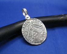 Load image into Gallery viewer, Sterling Silver Pirate Cobb Reproduction Pendant with Custom Shackle Bail | Cast From an Actual Shipwreck Coin Mold | Nautical Jewelry