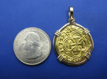 Load image into Gallery viewer, Pure 24k '2 Escudo' Replica Atocha Coin in 14k Bezel with Shackle Bail (Rare Visible Dated Markings)