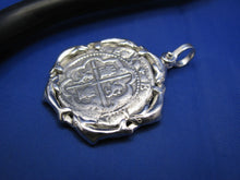 Load image into Gallery viewer, Sterling Silver Dolphin Wrapped Bezel with Reproduction "2 Reale" Shipwreck Coin
