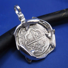 Load image into Gallery viewer, Sterling Silver Custom Shark Wrapped Bezel with Reproduction "2 Reale" Shipwreck Coin