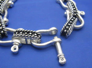 Large Sterling Silver Wide 20mm Nautical Shackle and Beaded Rope Link Bracelet