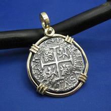 Load image into Gallery viewer, New 'Piece of 8' Replica Pirate Cob in Solid 14k Gold Pendant Bezel (Large: 1.75" x 1.25") Shipwreck Coin Collection by Crisol Jewelry
