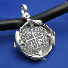 Load image into Gallery viewer, Large Sterling Silver Custom Swarming Sharks Bezel with Reproduction "8 Reale" Shipwreck Coin by Crisol Jewelry (Nautical Pendant)