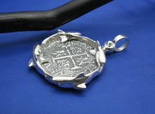 Load image into Gallery viewer, Large Sterling Silver Custom Swarming Sharks Bezel with Reproduction "8 Reale" Shipwreck Coin by Crisol Jewelry (Nautical Pendant)