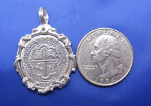 Load image into Gallery viewer, Sterling Silver Graveyard Skeleton Bone Wrapped Bezel with Reproduction "1 Reale" Pirate Treasure Coin Cob Necklace (Shipwreck Jewelry)