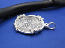 Load image into Gallery viewer, Sterling Silver Skull Crossbones Pirate Pendant with Reproduction "2 Reale" Treasure Coin