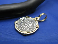 Load image into Gallery viewer, Small 1 Reale Atocha Shipwreck Pirate Coin Treasure Cobb Reproduction inside 14k Solid Gold Bezel Pendant