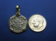 Load image into Gallery viewer, Small 1 Reale Atocha Shipwreck Pirate Coin Treasure Cobb Reproduction inside 14k Solid Gold Bezel Pendant