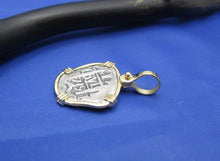 Load image into Gallery viewer, Small "1 Reale" Pirate Coin Reproduction Cobb Pendant with Custom Yellow Gold 14k Bezel by Crisol Jewelry (Atocha Shipwreck Replica)