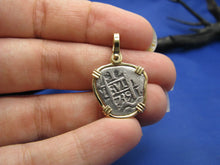 Load image into Gallery viewer, Small "1 Reale" Pirate Coin Reproduction Cobb Pendant with Custom Yellow Gold 14k Bezel by Crisol Jewelry (Atocha Shipwreck Replica)