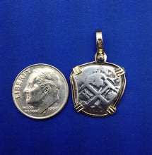 Load image into Gallery viewer, Small "1 Reale" Pirate Coin Reproduction Cobb Pendant with Custom Yellow Gold 14k Bezel by Crisol Jewelry (Atocha Shipwreck Replica)