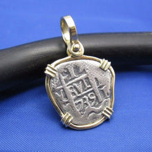 Load image into Gallery viewer, Small "1 Reale" Pirate Coin Reproduction Cobb Pendant with Custom Yellow Gold 14k Bezel by Crisol Jewelry (Atocha Shipwreck Replica)