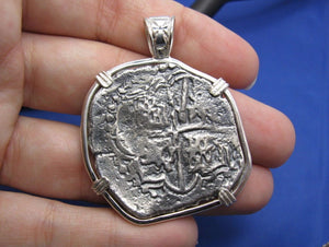 Extra Large Sterling Silver Replica Pirate Coin Piece of Eight Doubloon Pendant 2" x 1.5"