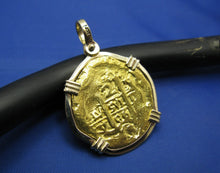 Load image into Gallery viewer, Pure 24k '2 Escudo' Replica Atocha Coin in 14k Bezel with Shackle Bail (Rare Visible Dated Markings)