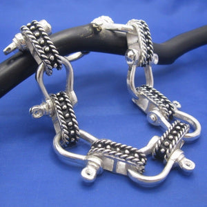 Large Sterling Silver Wide 20mm Nautical Shackle and Beaded Rope Link Bracelet