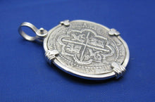 Load image into Gallery viewer, Shipwreck "4 Reale" Treasure Coin Reproduction Pendant in Sterling Silver 1.6" x 1.1"