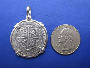 Shipwreck "4 Reale" Treasure Coin Reproduction Pendant in Sterling Silver 1.6" x 1.1"