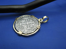Load image into Gallery viewer, New 'Piece of 8' Replica Pirate Cob in Solid 14k Gold Pendant Bezel (Large: 1.75" x 1.25") Shipwreck Coin Collection by Crisol Jewelry
