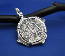 Load image into Gallery viewer, Large Sterling Silver Custom Swarming Sharks Bezel with Reproduction "8 Reale" Shipwreck Coin by Crisol Jewelry (Nautical Pendant)
