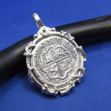Load image into Gallery viewer, Sterling Silver Graveyard Skeleton Bone Wrapped Bezel with Reproduction "1 Reale" Pirate Treasure Coin Cob Necklace (Shipwreck Jewelry)