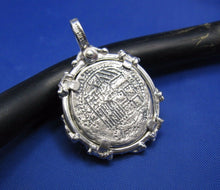 Load image into Gallery viewer, Sterling Silver Graveyard Skeleton Bone Wrapped Bezel with Reproduction "1 Reale" Pirate Treasure Coin Cob Necklace (Shipwreck Jewelry)