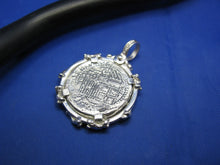 Load image into Gallery viewer, Sterling Silver Graveyard Skeleton Bone Wrapped Bezel with Reproduction "1 Reale" Pirate Treasure Coin Cob Necklace (Shipwreck Jewelry)