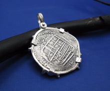 Load image into Gallery viewer, Sterling Silver Skull Crossbones Pirate Pendant with Reproduction "2 Reale" Treasure Coin