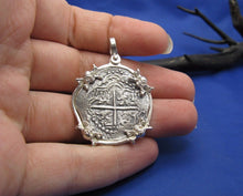 Load image into Gallery viewer, Sterling Silver Skull Crossbones Pirate Pendant with Reproduction "2 Reale" Treasure Coin