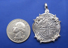 Load image into Gallery viewer, Sterling Silver Skull Crossbones Pirate Pendant with Reproduction "2 Reale" Treasure Coin