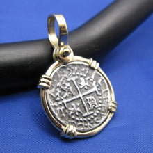 Load image into Gallery viewer, Small 1 Reale Atocha Shipwreck Pirate Coin Treasure Cobb Reproduction inside 14k Solid Gold Bezel Pendant
