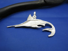 Load image into Gallery viewer, Sterling Silver Nautical Swordfish Pendant with Round Blue Sapphire Gemstone Eye and Custom Shackle Bail 1.25" x 2" Crisol Jewelry
