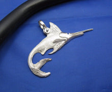 Load image into Gallery viewer, Sterling Silver Nautical Swordfish Pendant with Round Blue Sapphire Gemstone Eye and Custom Shackle Bail 1.25" x 2" Crisol Jewelry