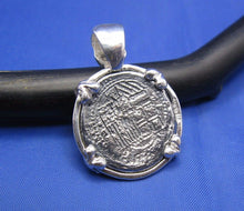 Load image into Gallery viewer, Sterling Silver Pirate Coin Pendant with Reproduction "1 Reale" Treasure Cob with Red Crysta Skull Bail and Bone Prongs