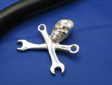 Load image into Gallery viewer, Sterling Silver .925 Pirate Skull and Wrench Pendant with Hidden Bail Mechanic's Necklace 1.1" x 1.1" (Comes with Free Leather Cord)