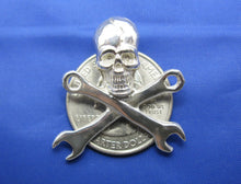 Load image into Gallery viewer, Sterling Silver .925 Pirate Skull and Wrench Pendant with Hidden Bail Mechanic's Necklace 1.1" x 1.1" (Comes with Free Leather Cord)