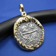 Load image into Gallery viewer, 14k Gold Shark Jaw Bezel with Atocha Shipwreck Coin Replica
