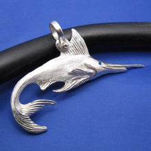 Load image into Gallery viewer, Sterling Silver Nautical Swordfish Pendant with Round Blue Sapphire Gemstone Eye and Custom Shackle Bail 1.25" x 2" Crisol Jewelry