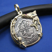 Load image into Gallery viewer, Shipwreck Coin Replica Pendant Inside Custom 14k Nautical Snook Bezel with Fishing Rod