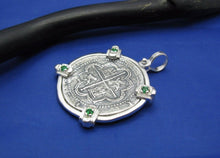 Load image into Gallery viewer, Sterling Silver Round "4 Reale" Reproduction Spanish Atocha Shipwreck Pirate Coin Pendant with Green Stone Emerald Bezel