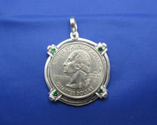 Load image into Gallery viewer, Sterling Silver Round "4 Reale" Reproduction Spanish Atocha Shipwreck Pirate Coin Pendant with Green Stone Emerald Bezel