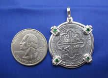 Load image into Gallery viewer, Sterling Silver Round "4 Reale" Reproduction Spanish Atocha Shipwreck Pirate Coin Pendant with Green Stone Emerald Bezel