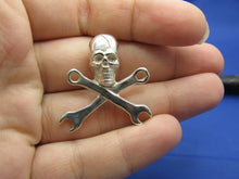 Load image into Gallery viewer, Sterling Silver .925 Pirate Skull and Wrench Pendant with Hidden Bail Mechanic's Necklace 1.1" x 1.1" (Comes with Free Leather Cord)