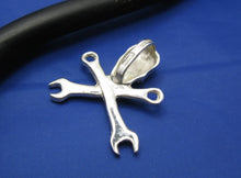 Load image into Gallery viewer, Sterling Silver .925 Pirate Skull and Wrench Pendant with Hidden Bail Mechanic's Necklace 1.1" x 1.1" (Comes with Free Leather Cord)